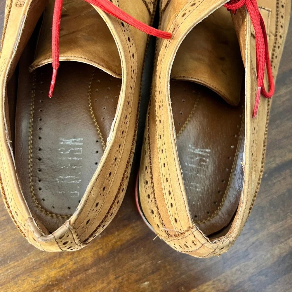 J.D. Fisk Mens Size 11 Oxfords Tan Leather Wingtip Brogue Red Laces Academia